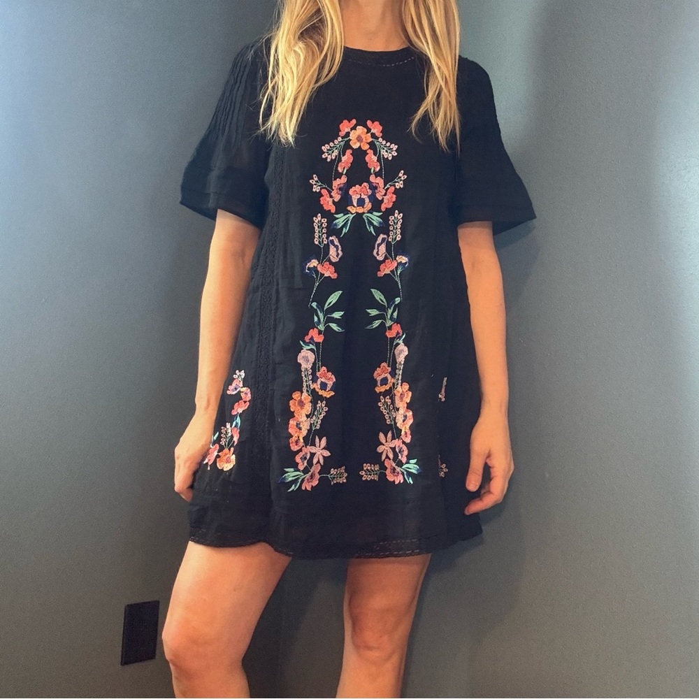 Free People Perfectly Victorian Black with Floral Embroidery Mini Dress - Picture 1 of 10